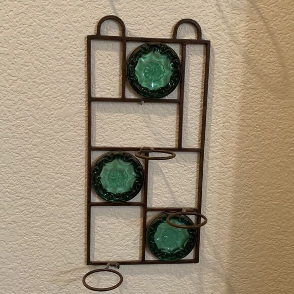Party Lite Candle 3 Votive Holder Heavy Green Glass Metal Wall Decor In Out Door - Picture 4 of 7